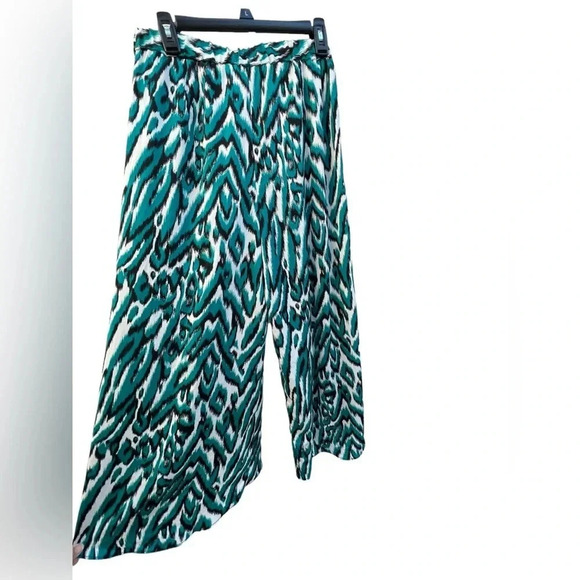 AVA & AIDEN Self-Tie Pants Size Small Teal Zebra Ikat Slit Hem Flare Leg New - Picture 4 of 7